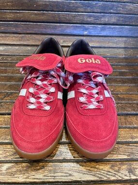 Gola Red Suede Sneakers with White Stripe and Patterned Laces